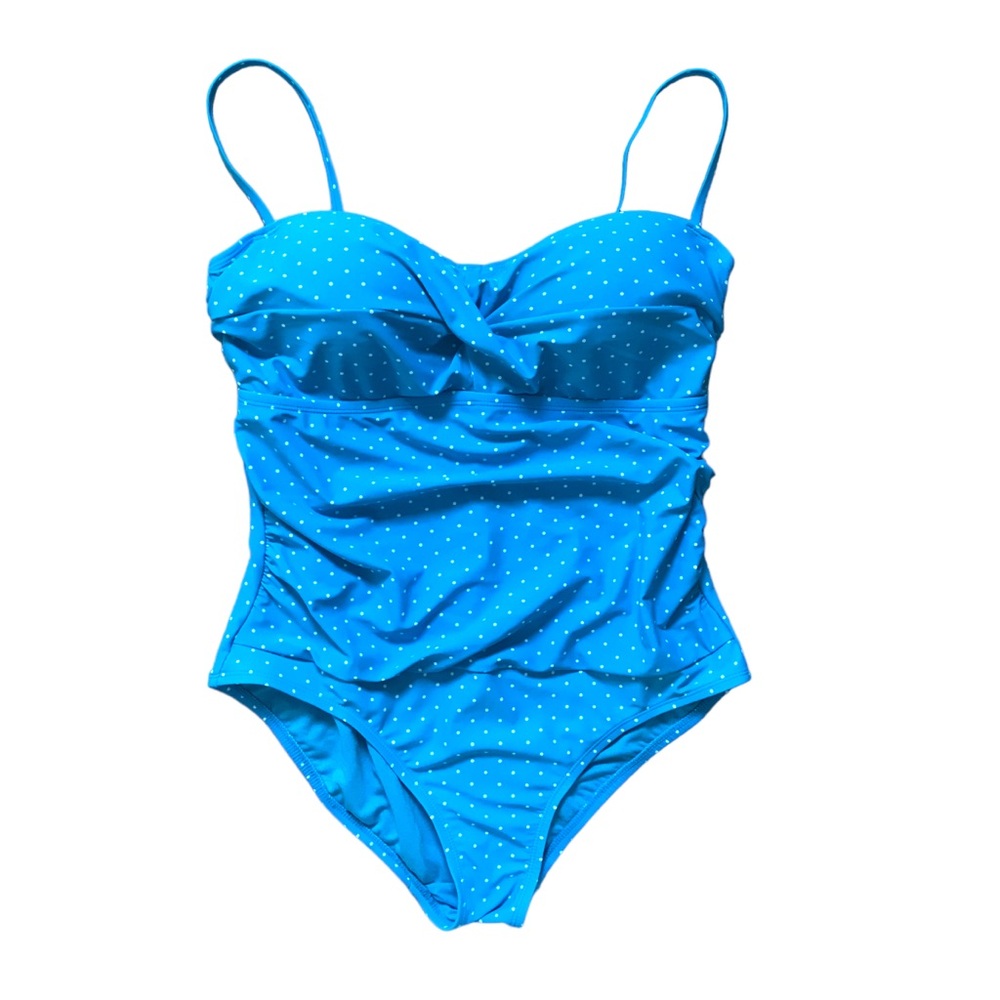 Large Catalina One Piece Swimsuit Blue And White Polka Dot Retro Pin Up Moderate